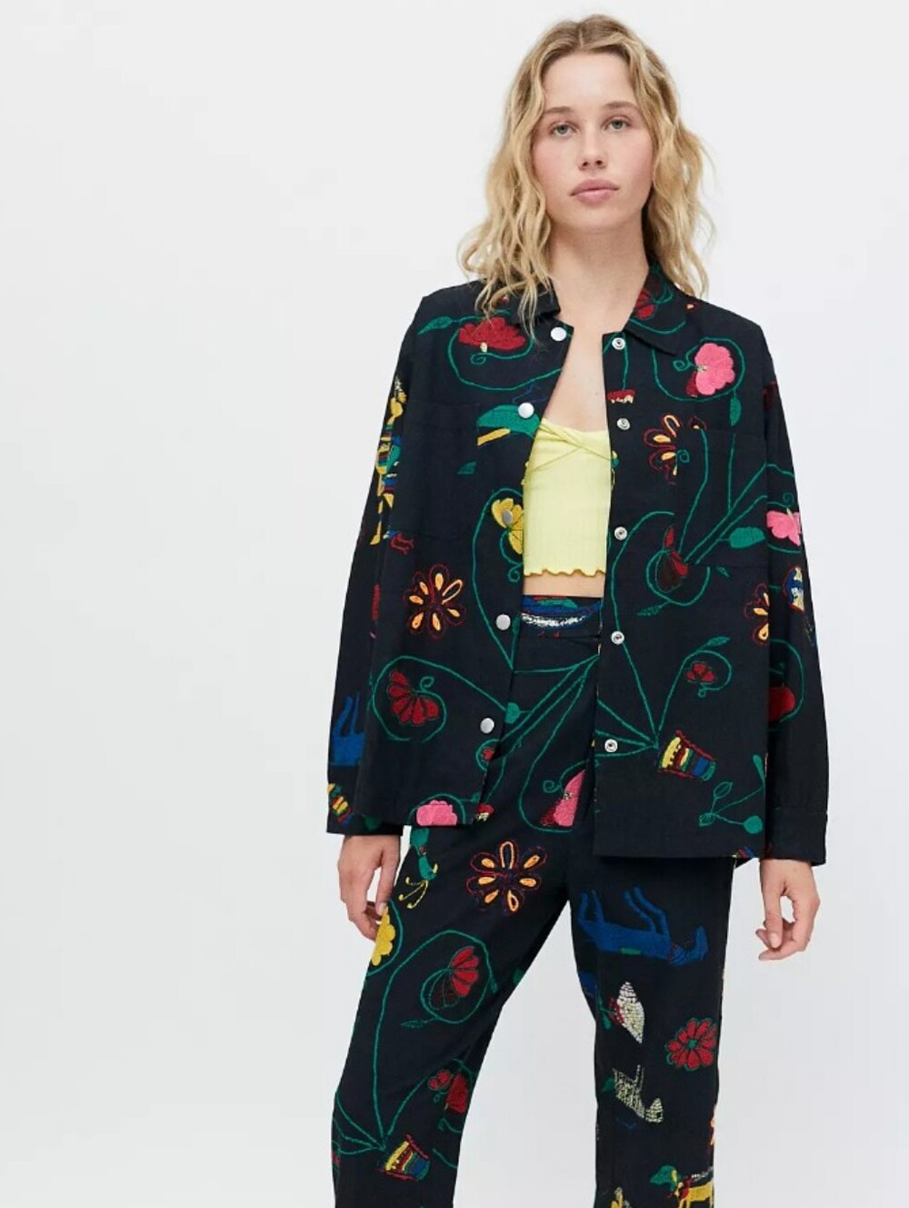 M BDG Stella Embroidered Floral Black Button-Up Chore Boxy Jacket Shacket UO